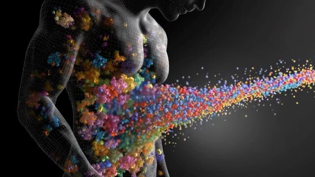 Wireframe human torso filled with colorful gut microbiome erupting into a streaming particle burst.