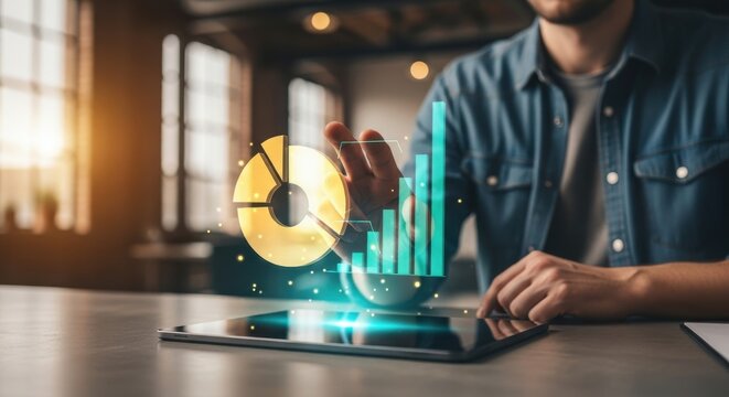 Man Analyzing Data on Digital Tablet, Pie Chart and Bar Graph