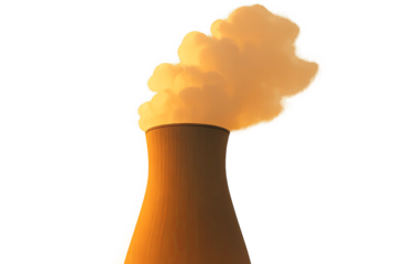 Cooling tower with orange smoke emission on transparent background