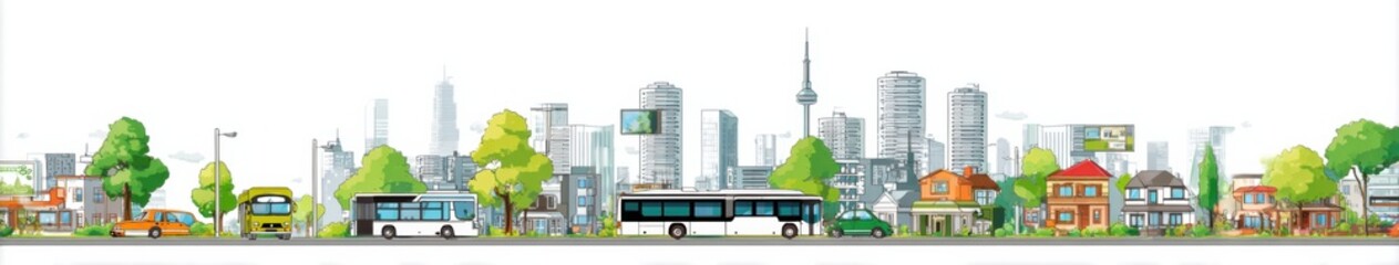 Fototapeta premium City skyline featuring modern buses and greenery during daytime