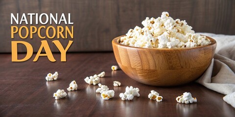 National Popcorn Day Text with a Wooden Bowl of Popcorn on a Table