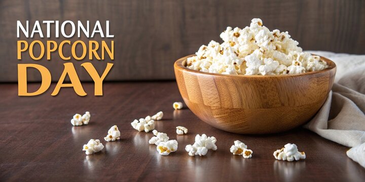 National Popcorn Day Text with a Wooden Bowl of Popcorn on a Table - Powered by Adobe