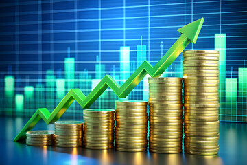 Financial growth concept with stacks of gold coins and a rising green arrow graph on a blue grid background
