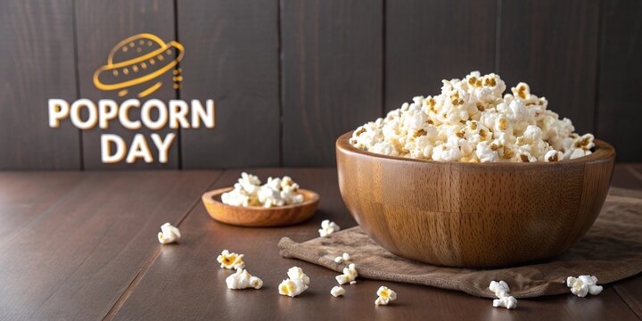 National Popcorn Day Text with a Wooden Bowl of Popcorn on a Table