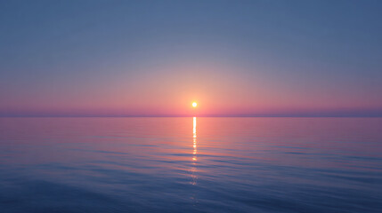 Naklejka premium Serene ocean horizon at sunset with soft pink and blue hues reflecting on calm water pink sky