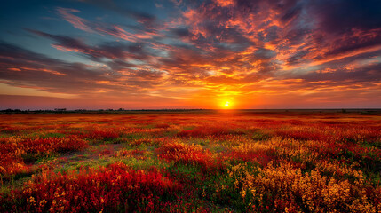 Fototapeta premium Fiery sunset over a vast field of wildflowers clouds