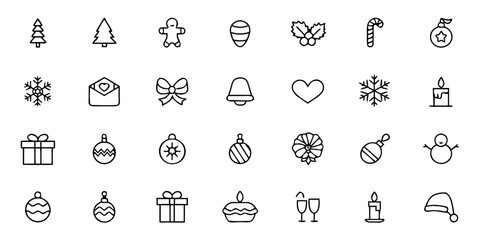 Holiday & Seasonal Celebration Outline Icon Set &mdash; Christmas, New Year, Valentine&rsquo;s Day, and Festive Symbols Vector Illustrations for Cards, Social Media, and Packaging