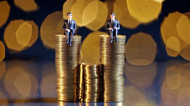 Two miniature businessmen sitting on tall gold coin stacks. Finance, saving, and wealth symbolized through golden investment pile. Stack of money shows power of business and miniature scale finance