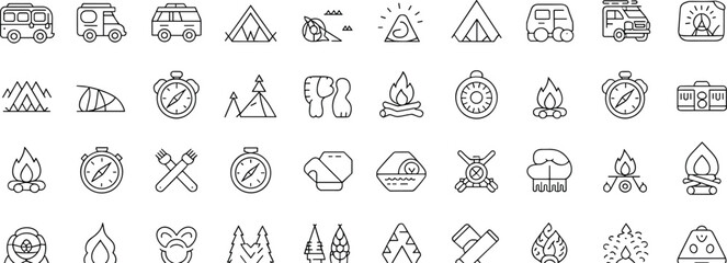 Camping line icons collection, outdoor adventure vector set, hiking symbols, van life, campfire, travel gear, nature trip illustrations