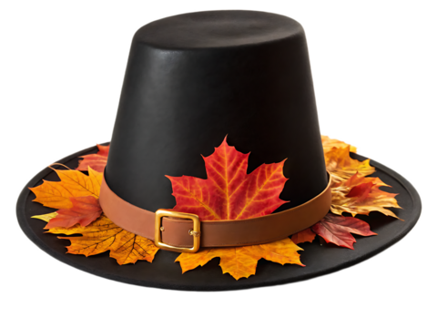 A pilgrim hat decorated with autumn leaves and a brown buckle band on a black background isolated