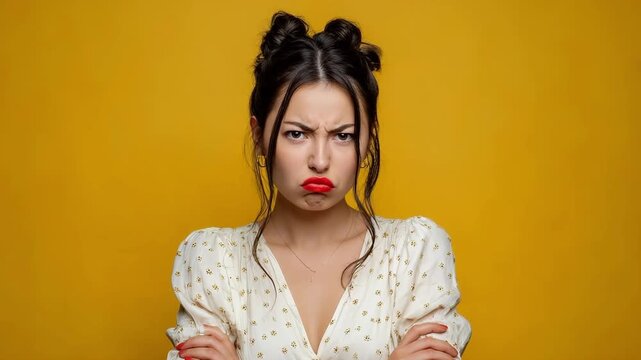 Young woman with angry pout and crossed arms showing strong expression against bright yellow studio background portrait video