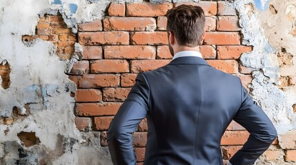Businessman Back View Brick Wall Background Image
