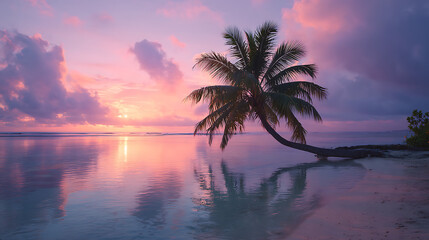 Serene tropical sunset with leaning palm tree over calm ocean waters paradise beach