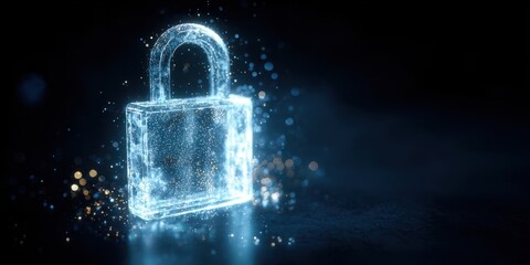 The glowing lock representing digital security and protection in a dark setting.