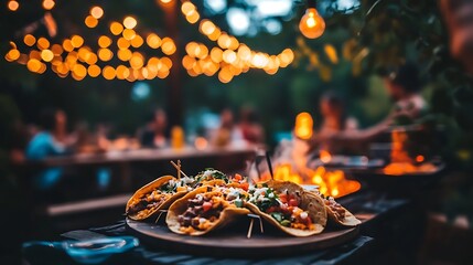 Friends gathered in a backyard enjoying delicious tacos together under warm, glowing string lights at night.