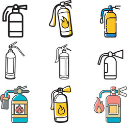 Collection of Fire Extinguisher Illustrations Depicting Different Styles, Colors, and Designs for Fire Safety and Emergency Preparedness