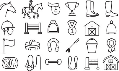 Equestrian Sport Vector Icon Set – Horse, Rider, Saddle, Trophy, Boots, Helmet, Fence, Stirrup, Medal, Stable, Jump, Grooming