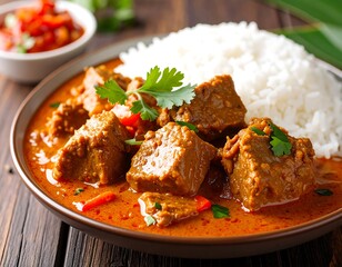 Authentic Asian Meat Curry with Fluffy White Rice, A Hearty and Flavorful Meal