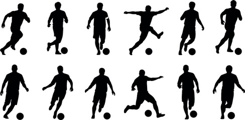 Silhouette of soccer players, football action poses, dynamic athlete movement, sports vector illustration, kicking, running, ball control