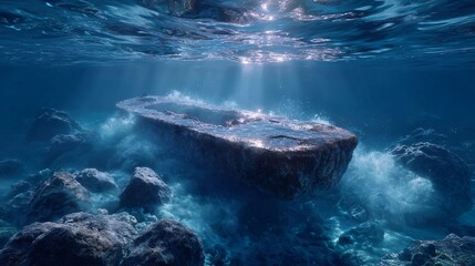 Fototapeta premium Sunlit underwater scene featuring an ancient, submerged stone structure amidst vibrant oceanic rocks and gentle waves.