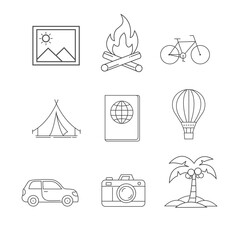 Fototapeta premium Adventure Travel and Outdoor Activities Line Art Icon Set for Vacations and Exploration