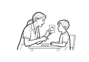 Speech therapist showing a flashcard to a child, focusing on vocabulary and language skills development, sketch style