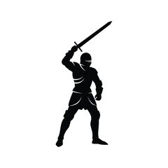 Silhouette of Medieval Knight Raising Sword Black and White Vector Illustration