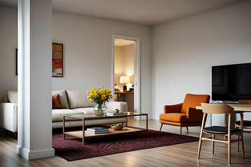 Chic modern living room with comfortable seating and a warm, inviting atmosphere, perfect for relaxation and entertaining guests in a stylish home interior.
