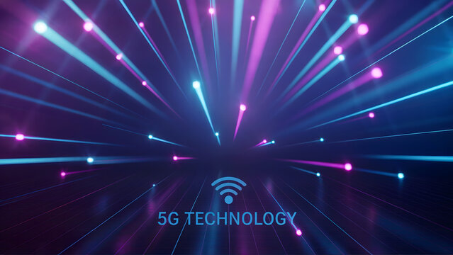 5g technology background: futuristic digital art with neon lights and wireless signal symbol