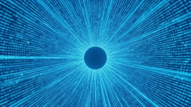 Abstract Blue Data Stream Tunnel with a Sphere in the Center Representing Future Technology Binary Code and Matrix Network for Cyberpunk Concepts