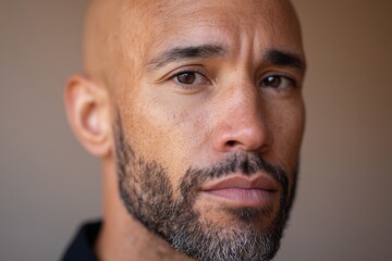 Fototapeta premium African American man with a closely shaved head and beard, gazing thoughtfully at the camera, showcasing strong facial features and a serious expression in a neutral background