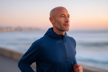 Athletic man in blue running jacket is jogging along a scenic coastal pathway at sunrise, showcasing determination and fitness in a serene outdoor environment