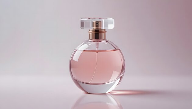 Transparent round perfume flacon on pastel background 