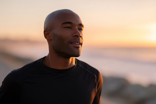 Athletic African American man jogging along a scenic beach at sunset, showcasing determination and fitness, with waves crashing gently in the background, embodying a healthy lifestyle