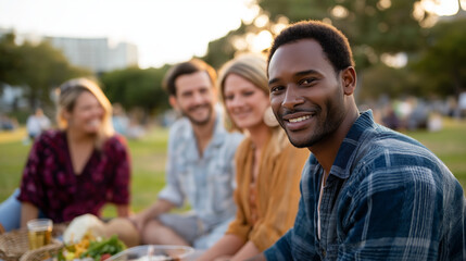 Obraz premium A joyful picnic with friends in a sunny park