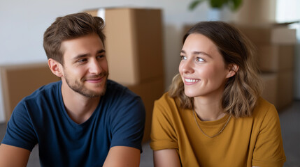 Fototapeta premium A young couple assembling furniture in their new home