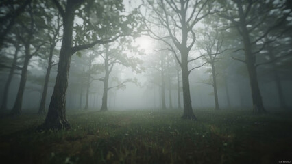 Conceptual Background of a Serene and Mysterious Forest with Sunlight Breaking Through the Fog