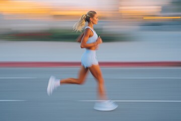 Athletic woman in light blue sportswear is running swiftly on a city street during sunset, showcasing motion and determination in a vibrant urban environment