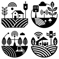 Obraz premium Four black and white circular designs showing fields houses trees and wifi signals in a vector art style