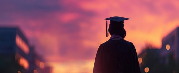 The graduate stands in awe beneath a vibrant sunset, embracing new beginnings.