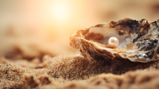 Delicate pearl nestled within an aged oyster shell on sandy ground.