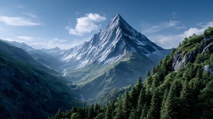Breathtaking view of a majestic mountain peak surrounded by lush green valleys and dense forests under a clear blue sky.