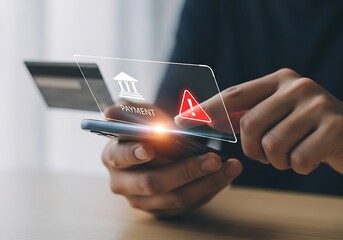 Person using a smartphone with a credit card and holographic financial icons indicating security alerts and digital banking services
