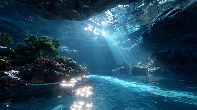 Sunlit underwater scene with clear blue water, vibrant coral, and lush marine vegetation in a serene cave.