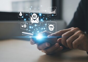 Person using a smartphone with glowing digital interface displaying ai and cybersecurity icons representing modern technology and data protection