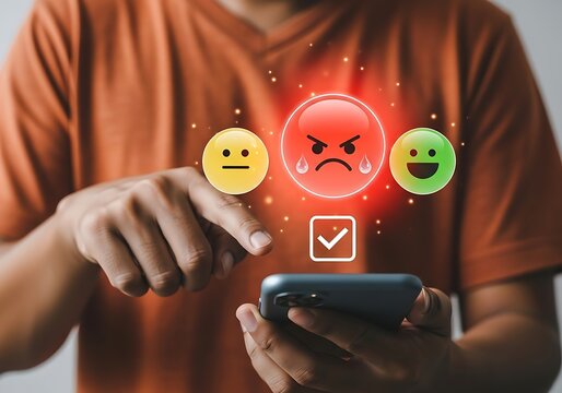 Customer expresses strong negative feedback through a digital survey interface on a smartphone with glowing emojis