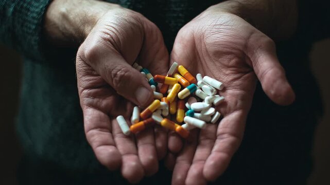 Hands holding a large number of pills.