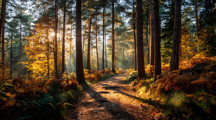 Fototapeta premium Sunlit forest path with golden autumn foliage and tall trees sunlight