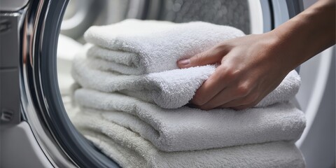 The fluffy towels being placed into the dryer for a fresh wash experience.
