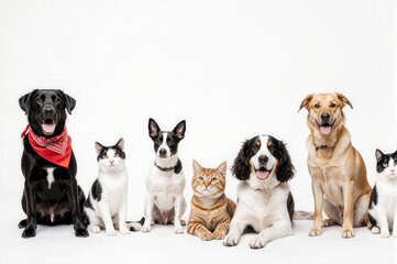Fototapeta premium Group of dogs and cats sitting in a row against a white background